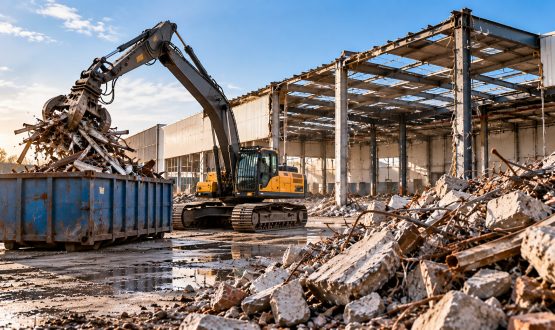 Commercial demolition site with an excavator loading recovered scrap metal into a skip beside a dismantled industrial warehouse