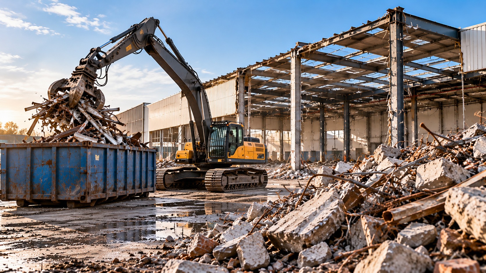 Commercial demolition site with an excavator loading recovered scrap metal into a skip beside a dismantled industrial warehouse