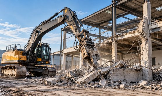 Commercial building being prepared for demolition with an excavator removing structural materials