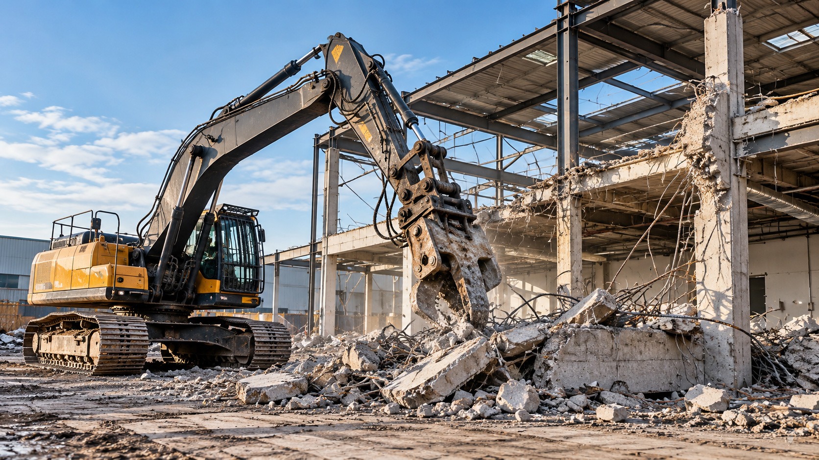 Commercial building being prepared for demolition with an excavator removing structural materials